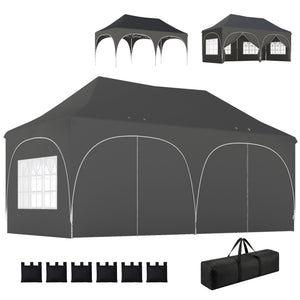 Tonnelle pliante 3x6m imperméable anti-UV, barnum avec 6 parois & 6 sacs de sable - tente de réception 12 trous de drainage - pavillon pop-up, 4 fenêtres église pour mariage, marché - gris