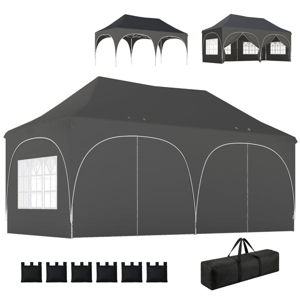Tonnelle pliante 3x6m imperméable anti-UV, barnum avec 6 parois & 6 sacs de sable - tente de réception 12 trous de drainage - pavillon pop-up, 4 fenêtres église pour mariage, marché - gris