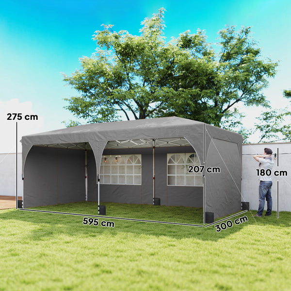 Tonnelle de jardin 3 x 6 m pop up tente pliante réglable en hauteur imperméable protection UV50+ tonnelle pliante avec 4 parois latérales 6 sacs de sable sac de transport montage facile gris