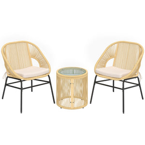 Ensemble bistro en rotin 3 pièces, 2 chaises de jardin, table en verre, coussins lavables, ensemble ergonomique pour balcon, salon de jardin pour jardin, terrasse, beige
