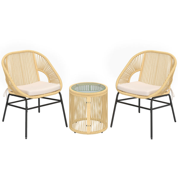 Ensemble bistro en rotin 3 pièces, 2 chaises de jardin, table en verre, coussins lavables, ensemble ergonomique pour balcon, salon de jardin pour jardin, terrasse, beige