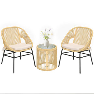 Ensemble bistro en rotin 3 pièces, 2 chaises de jardin, table en verre, coussins lavables, ensemble ergonomique pour balcon, salon de jardin pour jardin, terrasse, beige