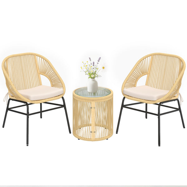 Ensemble bistro en rotin 3 pièces, 2 chaises de jardin, table en verre, coussins lavables, ensemble ergonomique pour balcon, salon de jardin pour jardin, terrasse, beige