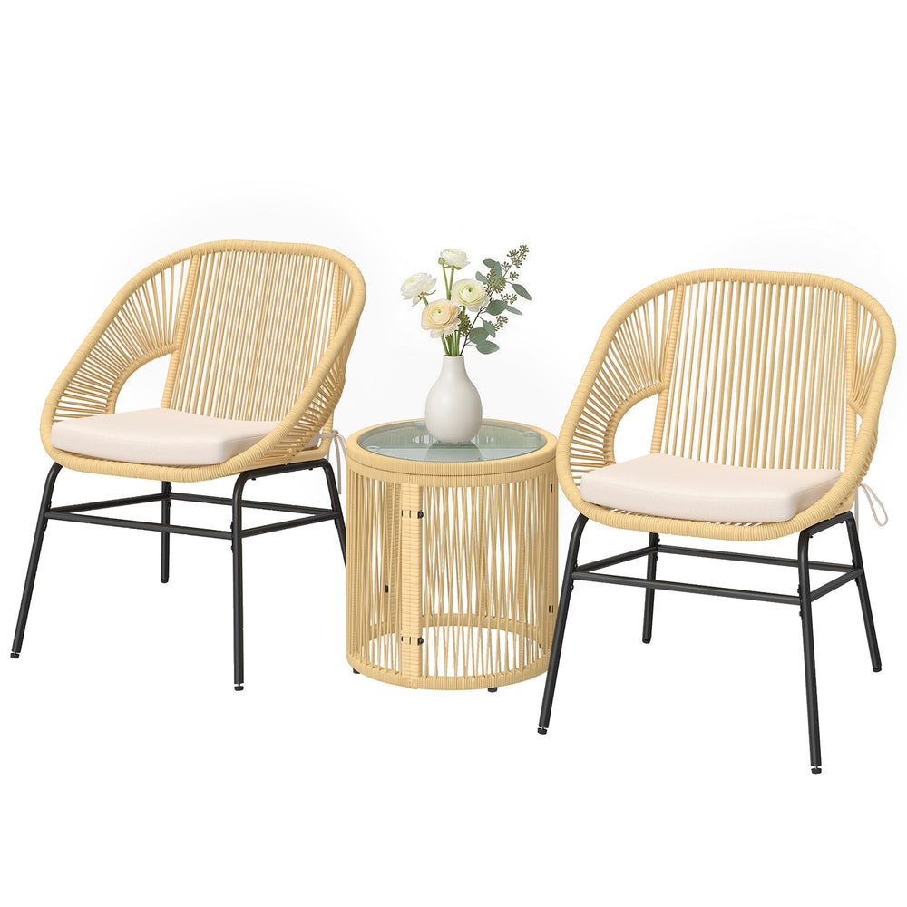 Ensemble bistro en rotin 3 pièces, 2 chaises de jardin, table en verre, coussins lavables, ensemble ergonomique pour balcon, salon de jardin pour jardin, terrasse, beige