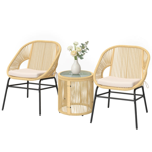Ensemble bistro en rotin 3 pièces, 2 chaises de jardin, table en verre, coussins lavables, ensemble ergonomique pour balcon, salon de jardin pour jardin, terrasse, beige