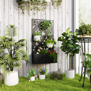 Jardinière avec treillis, brise-vue paravent, jardinière extérieure métal sur pieds ou murale, motifs de lignes, bac à fleurs rectangulaire balcon terrasse patio, 61x23x113 cm, noir