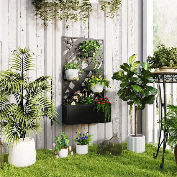 Jardinière avec treillis, brise-vue paravent, jardinière extérieure métal sur pieds ou murale, motifs de lignes, bac à fleurs rectangulaire balcon terrasse patio, 61x23x113 cm, noir