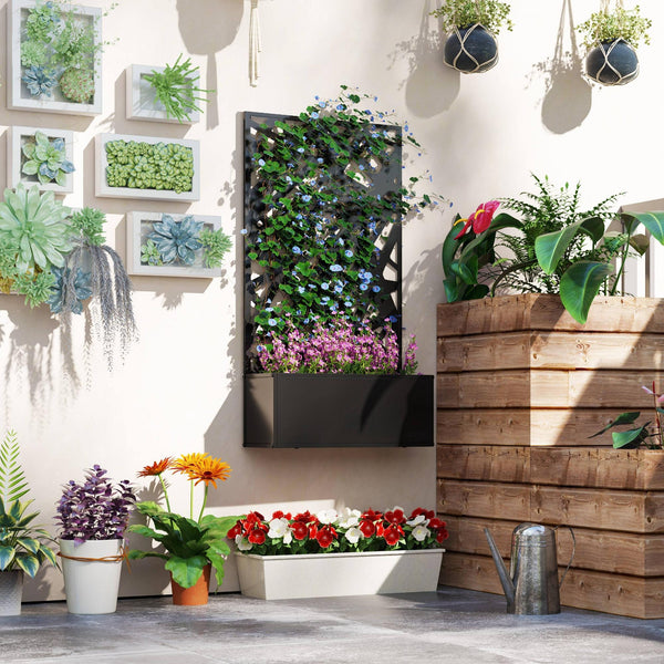 Jardinière avec treillis, brise-vue paravent, jardinière extérieure métal sur pieds ou murale, motifs de lignes, bac à fleurs rectangulaire balcon terrasse patio, 61x23x113 cm, noir
