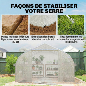 Serre tunnel de jardin 12m², serre de jardin tunnel 395x300x200cm porte et 8 fenêtres avec moustiquaires, pour extérieur, toutes saisons, légumes, fruits, bâche PE haute densité 140g/m² blanc