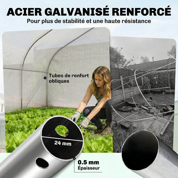 Serre tunnel de jardin 12m², serre de jardin tunnel 395x300x200cm porte et 8 fenêtres avec moustiquaires, pour extérieur, toutes saisons, légumes, fruits, bâche PE haute densité 140g/m² blanc