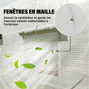 Serre tunnel de jardin 12m², serre de jardin tunnel 395x300x200cm porte et 8 fenêtres avec moustiquaires, pour extérieur, toutes saisons, légumes, fruits, bâche PE haute densité 140g/m² blanc