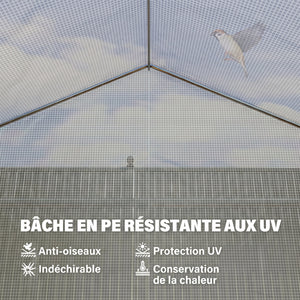 Serre tunnel de jardin 12m², serre de jardin tunnel 395x300x200cm porte et 8 fenêtres avec moustiquaires, pour extérieur, toutes saisons, légumes, fruits, bâche PE haute densité 140g/m² blanc