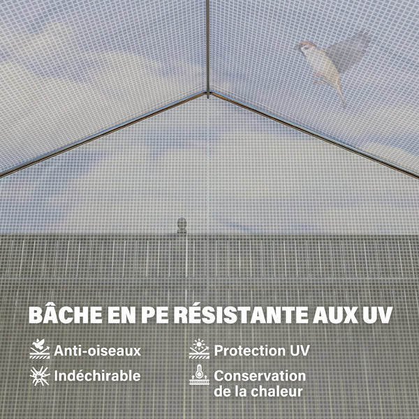 Serre tunnel de jardin 12m², serre de jardin tunnel 395x300x200cm porte et 8 fenêtres avec moustiquaires, pour extérieur, toutes saisons, légumes, fruits, bâche PE haute densité 140g/m² blanc