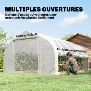 Serre tunnel de jardin 12m², serre de jardin tunnel 395x300x200cm porte et 8 fenêtres avec moustiquaires, pour extérieur, toutes saisons, légumes, fruits, bâche PE haute densité 140g/m² blanc
