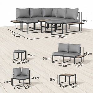 Salon de jardin extérieur 6 personnes - ensemble de canapé extérieur modulable avec table basse et plateaux latéraux en bois PSPC - coussins épais 10cm confortable pour terrasse, balcon gris