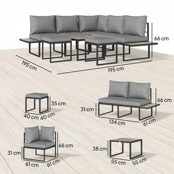 Salon de jardin extérieur 6 personnes - ensemble de canapé extérieur modulable avec table basse et plateaux latéraux en bois PSPC - coussins épais 10cm confortable pour terrasse, balcon gris