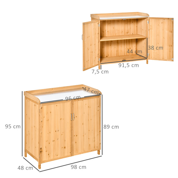 Armoire de jardin sur pied table de rempotage 2 en 1 - table de jardinage double porte, étagère, plateau tôle acier galvanisé - table de plantation bois de cèdre pré-huilé