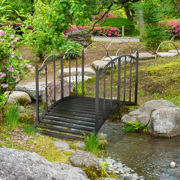 Pont de Jardin Pont en acier avec Garde-corps latéraux, Charge Maximale 120 KG, décoration de Jardin pour Jardin, Étang, Ruisseau, 119 x 67 x 70 cm, noir