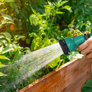 Enrouleur tuyau arrosage, dévidoir de tuyaux d'eau, 25+2 m, avec support mural + poignée, pivotant à 180°, 7 options de jets d'arrosage, gris clair