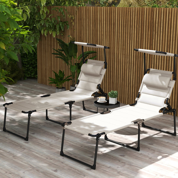 Lot de 2 Bains de soleil transats pliables grand confort dossier pare-soleil réglables multi-positions, crème