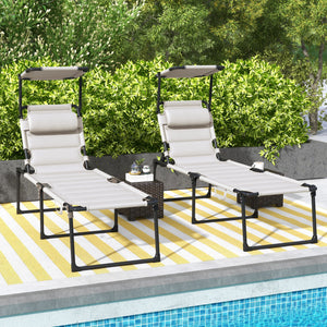 Lot de 2 Bains de soleil transats pliables grand confort dossier pare-soleil réglables multi-positions, crème