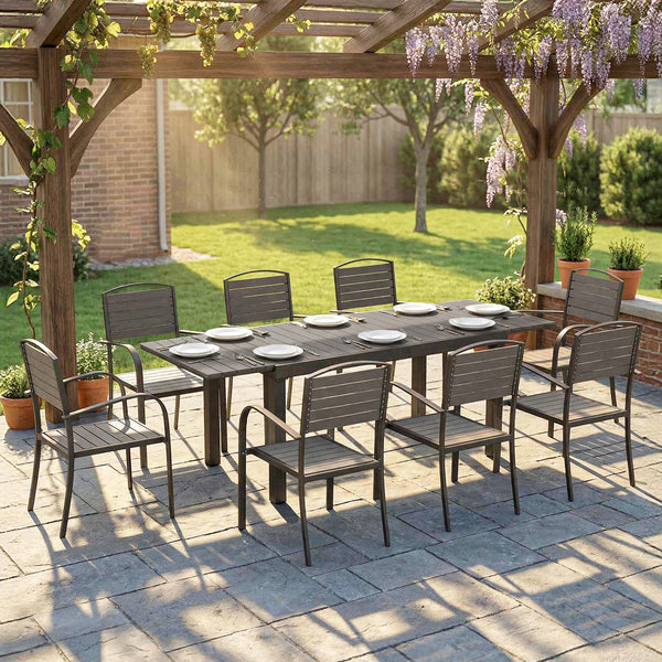 Salon de Jardin 8 Personnes - Table de Jardin Extensible 150-225cm avec Plateau Polybois et 8 Chaises - Ensemble Repas Extérieur en Aluminium pour Terrasse, Balcon et Véranda, Gris