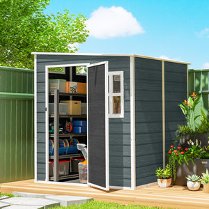 Abri de jardin  6 x 6 pieds avec plancher, effet bois, porte verrouillable et fenêtres pour jardin, patio, garage, pelouse, gris vieilli