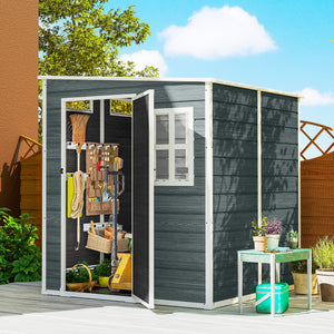 Abri de jardin  6 x 6 pieds avec plancher, effet bois, porte verrouillable et fenêtres pour jardin, patio, garage, pelouse, gris vieilli