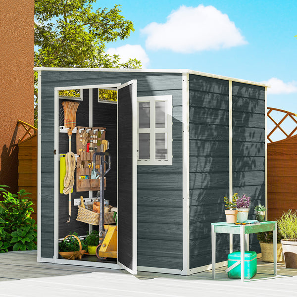 Abri de jardin  6 x 6 pieds avec plancher, effet bois, porte verrouillable et fenêtres pour jardin, patio, garage, pelouse, gris vieilli