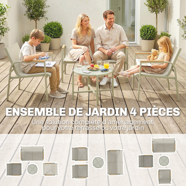 Salon de Jardin 4 Pièces en Textilène, Ensemble de Terrasse avec Canapé 2 Places, 2 Fauteuils et Table Basse en Verre Trempé, Mobilier de Jardin pour Balcon ou Piscine, Vert