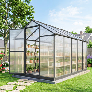 Serre de jardin en aluminium polycarbonate, serre avec fenêtres supérieures réglables, porte battante, abri extérieur résistant aux intempéries pour plante fleur, 303x183x195 cm, transparent