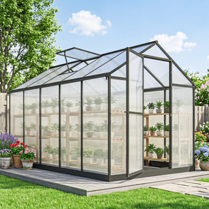 Serre de jardin en aluminium polycarbonate, serre avec fenêtres supérieures réglables, porte battante, abri extérieur résistant aux intempéries pour plante fleur, 303x183x195 cm, transparent