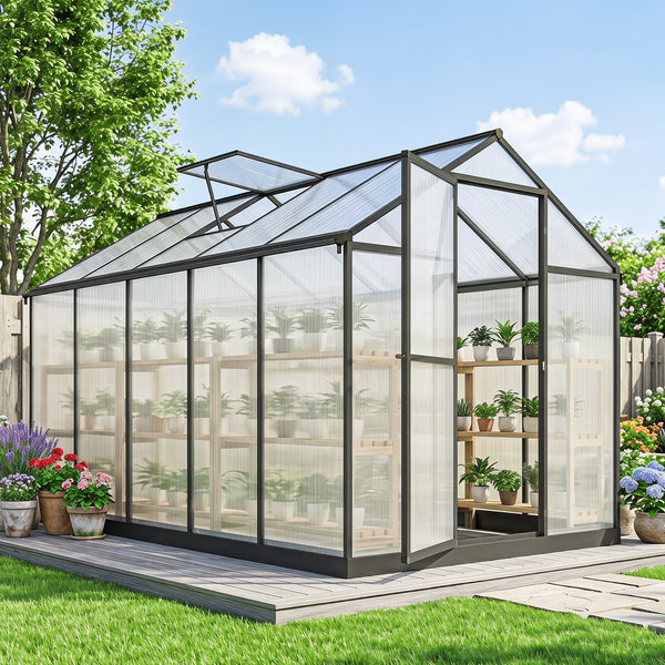 Serre de jardin en aluminium polycarbonate, serre avec fenêtres supérieures réglables, porte battante, abri extérieur résistant aux intempéries pour plante fleur, 303x183x195 cm, transparent
