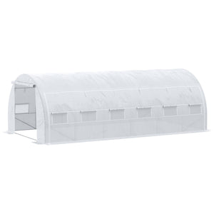 Serre de jardin 18 m² dim. 6L x 3l x 2H m avec porte + parois latérales zippées enroulables, 12 fenêtres, acier PE haute densité 140 g/m² Anti-UV blanc