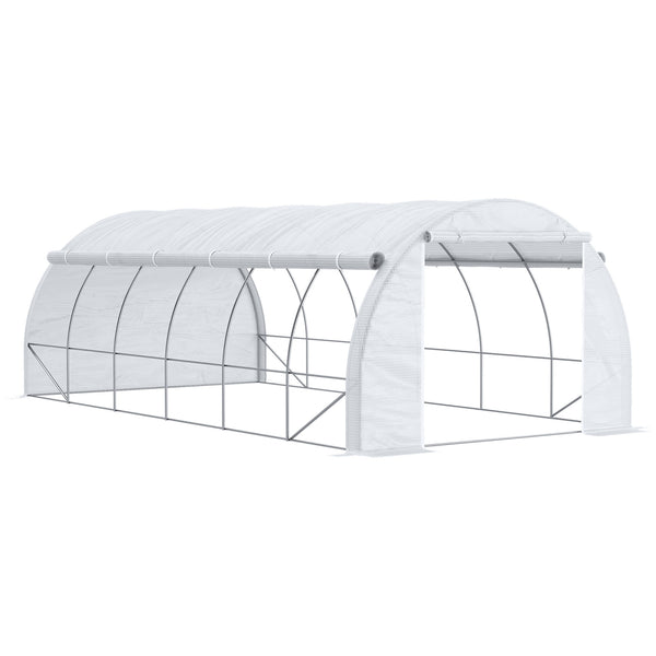 Serre de jardin 18 m² dim. 6L x 3l x 2H m avec porte + parois latérales zippées enroulables, 12 fenêtres, acier PE haute densité 140 g/m² Anti-UV blanc