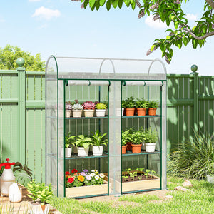 Serre de Jardin avec Étagères 3 Niveaux à Toit Arrondi, Petite Serre de Balcon en Bâche PVC et Châssis Acier, 2 Portes Roulantes, pour Légumes Plantes Fleurs, 143 x 46 x 165 cm, Transparent