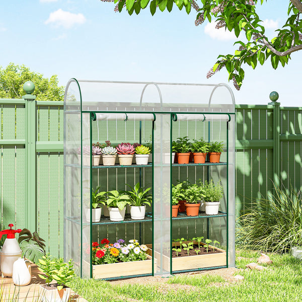 Serre de Jardin avec Étagères 3 Niveaux à Toit Arrondi, Petite Serre de Balcon en Bâche PVC et Châssis Acier, 2 Portes Roulantes, pour Légumes Plantes Fleurs, 143 x 46 x 165 cm, Transparent