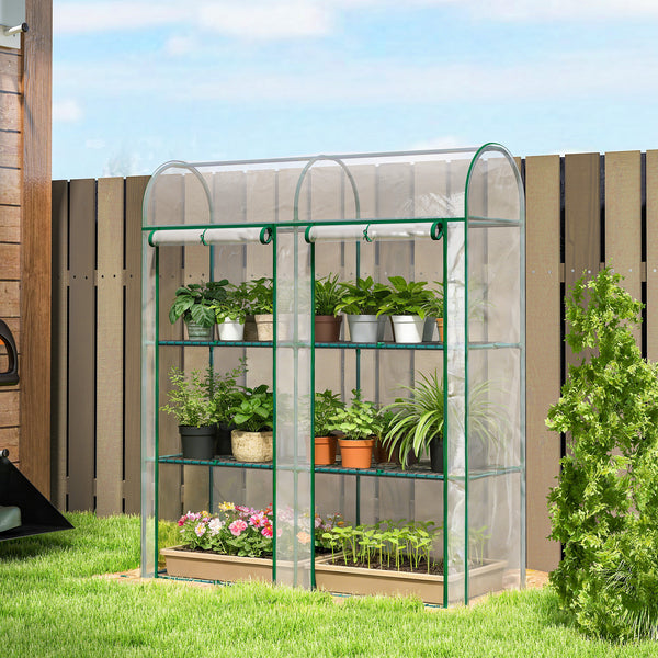 Serre de Jardin avec Étagères 3 Niveaux à Toit Arrondi, Petite Serre de Balcon en Bâche PVC et Châssis Acier, 2 Portes Roulantes, pour Légumes Plantes Fleurs, 143 x 46 x 165 cm, Transparent