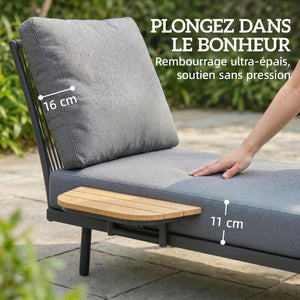 Chaise Longue de Jardin avec Coussins Lavables en Oléfine et Étagère Latérale, Cadre en Métal, Bain de Soleil pour Jardin et Terrasse, Gris