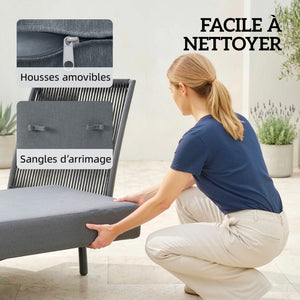 Chaise Longue de Jardin avec Coussins Lavables en Oléfine et Étagère Latérale, Cadre en Métal, Bain de Soleil pour Jardin et Terrasse, Gris