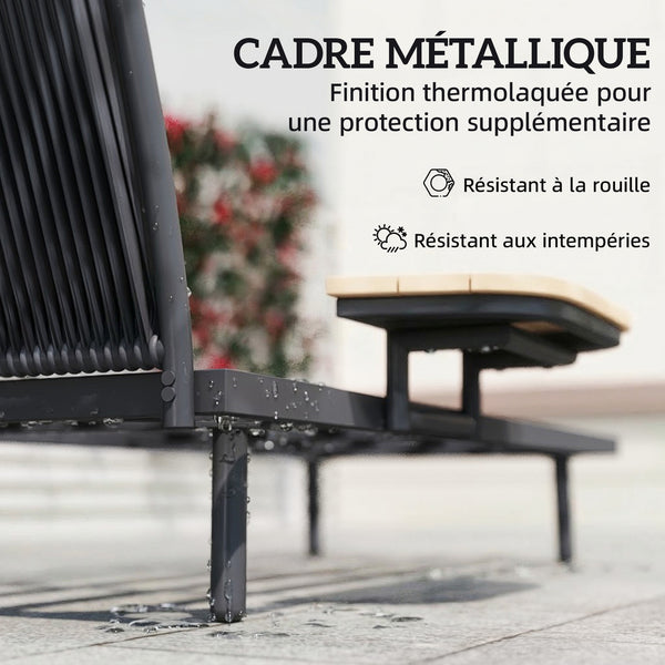 Chaise Longue de Jardin avec Coussins Lavables en Oléfine et Étagère Latérale, Cadre en Métal, Bain de Soleil pour Jardin et Terrasse, Gris