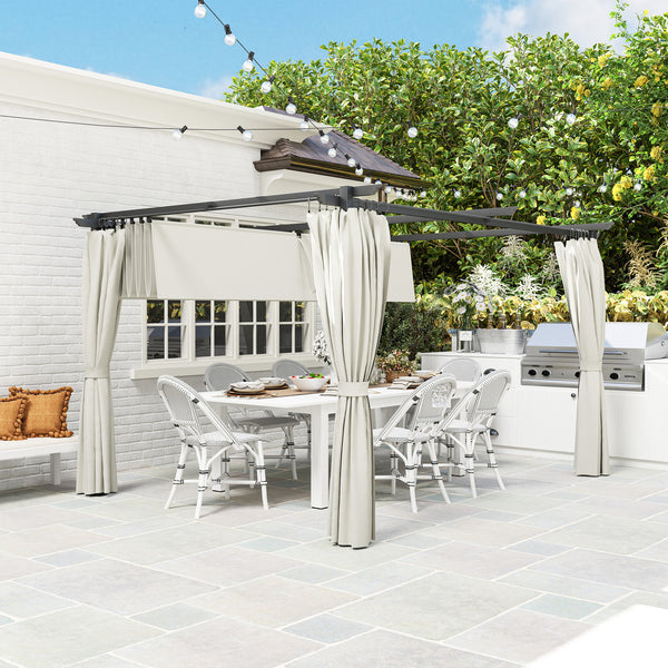 Pergola jardin exterieur 3 x 4 m pergola coulissante rétractable avec parois latérales, tonnelle de jardin, polyester haute densité 180g/m², abri soleil UPF30+, pour terrasse, patio, crème
