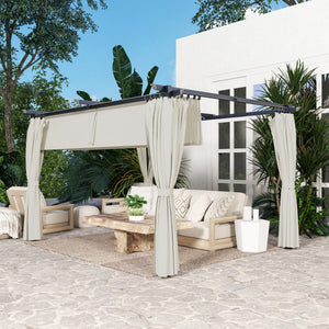 Pergola jardin exterieur 3 x 4 m pergola coulissante rétractable avec parois latérales, tonnelle de jardin, polyester haute densité 180g/m², abri soleil UPF30+, pour terrasse, patio, crème