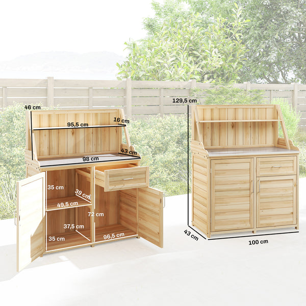 Armoire de Jardin en Bois avec Plan de Travail en Métal Galvanisé - Table de Rempotage avec Tiroir et Étagère - Abri de Jardin Extérieur pour Terrasse Balcon, 100x45x129,5cm, Naturel