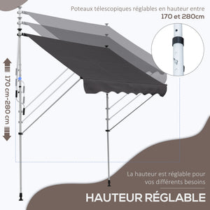 Store banne manuel rétractable 2L x 1,5l x 1,7-2,8H m inclinaison réglable installation rapide store banne sans perçage pour balcon métal aluminium polyester gris