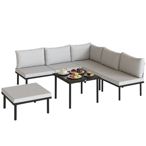 Ensemble salon de jardin 6 pièces, mobilier de jardin d'angle avec canapé 2 places, 3 chaises, repose-pieds, table en verre, coussins, salon extérieur en L en métal, Gris clair