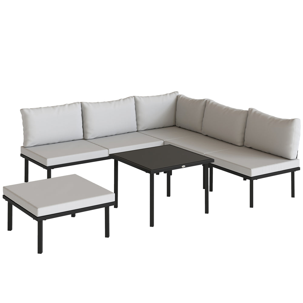 Ensemble salon de jardin 6 pièces, mobilier de jardin d'angle avec canapé 2 places, 3 chaises, repose-pieds, table en verre, coussins, salon extérieur en L en métal, Gris clair