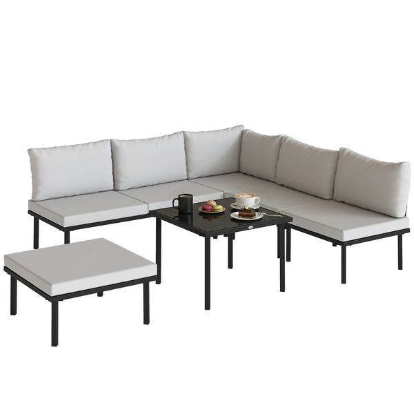 Ensemble salon de jardin 6 pièces, mobilier de jardin d'angle avec canapé 2 places, 3 chaises, repose-pieds, table en verre, coussins, salon extérieur en L en métal, Gris clair