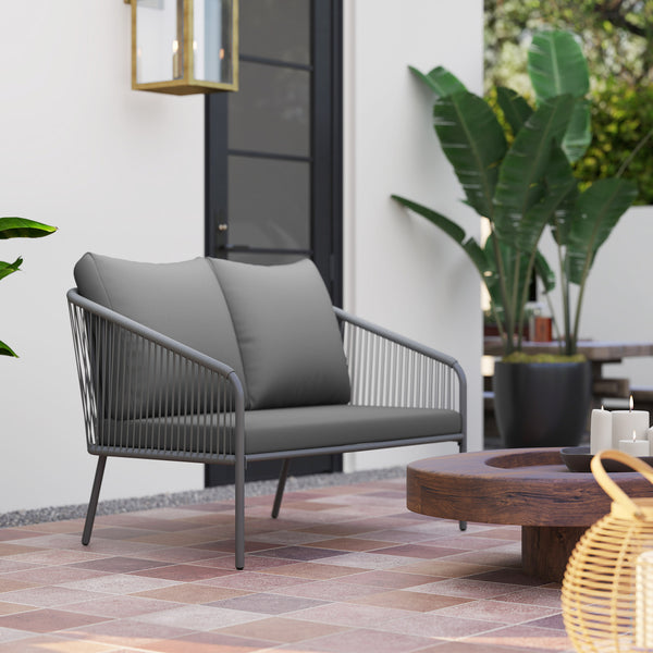 Canapé de jardin 2 places en résine tressée avec coussins, canapé d'extérieur avec accoudoirs, cadre en acier pour balcon, gris