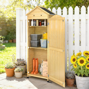 Armoire de Jardin en Bois - Abri de Jardin 213cm de Haut avec Toit en Métal Galvanisé - Remise à Outils à Long Manche, Texture Gaufrée et Étagères Réglables pour Terrasse, Bois Naturel